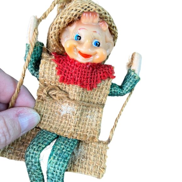 Vintage Burlap & Plastic Elf Decoration With Green Legs Red Scarf Made in Japan - Picture 8 of 10